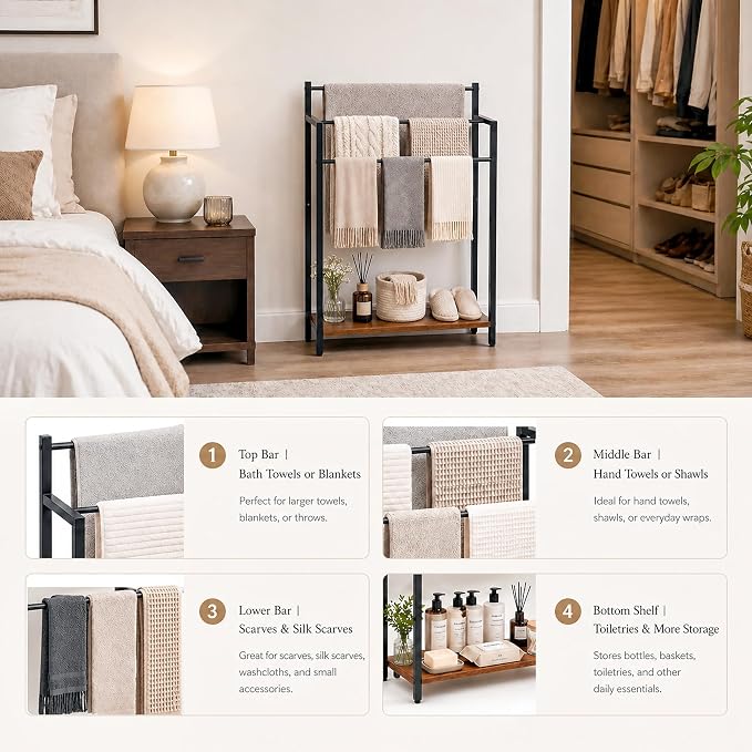 24.8" W Freestanding Towel Rack with Rustic Brown Wood Shelf | 3 Tier Blanket Ladder Stand for Bathroom Living Room, Metal Frame