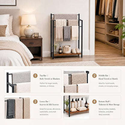 24.8" W Freestanding Towel Rack with Rustic Brown Wood Shelf | 3 Tier Blanket Ladder Stand for Bathroom Living Room, Metal Frame