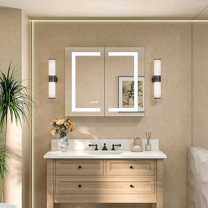TETOTE LED Lighted Medicine Cabinet with Lights 30 x 26 Recessed or Surface Mount Cabinet Mirror for Bathroom Wall, 2 Door Tempered Glass Led Vanity Cabinet, Outlets & USB, 3-Color Dimming, Anti-Fog