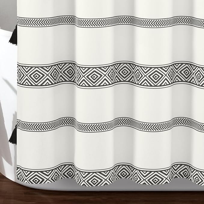 Lush Decor Ava Boho Stripe Tassel Cotton Blend Shower Curtain Single 72" W x 72" L Black & White - Striped Shower Curtains for Bathroom Curtain