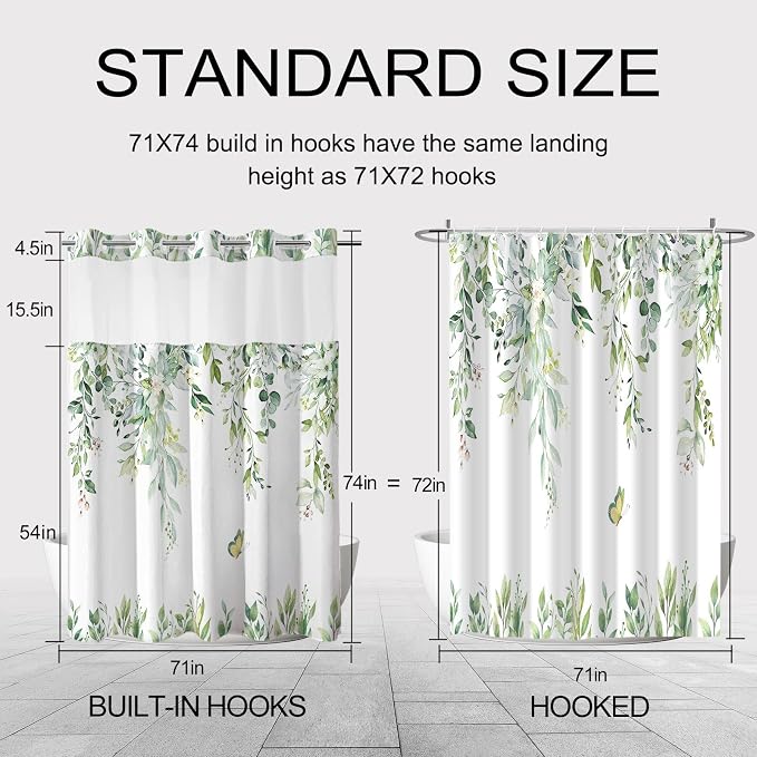 No Hook Shower Curtain and Liner Set, Mint Green Eucalyptus 71x74 | Floral Design, with Snap in Liner, Waterproof, Machine Washable, Quick-Drying, for Hotel Bathroom