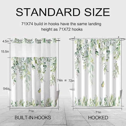 No Hook Shower Curtain and Liner Set, Mint Green Eucalyptus 71x74 | Floral Design, with Snap in Liner, Waterproof, Machine Washable, Quick-Drying, for Hotel Bathroom
