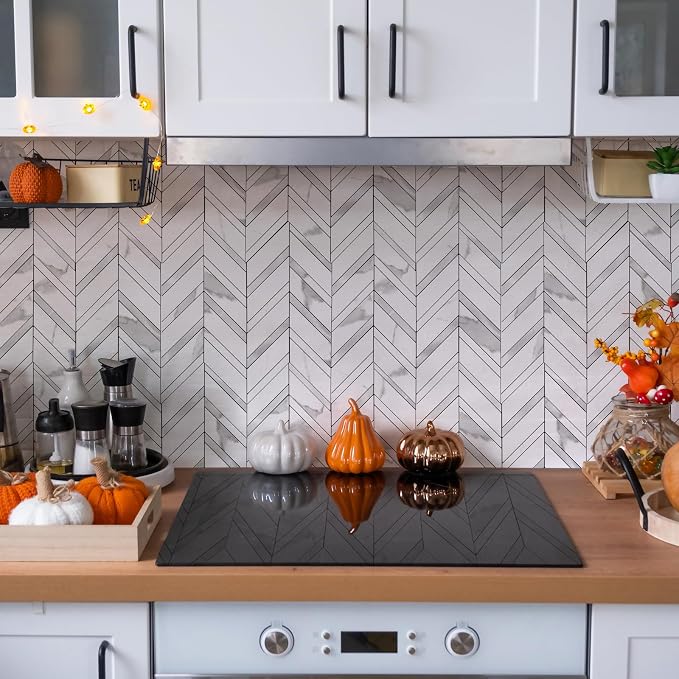 Yipscazo 10 Sheets Herringbone Peel and Stick Backsplash, Marble White Mixed Metal Silver PVC Stick on Tiles for Kitchen, Waterproof Self Adhesive Wall Tiles for Bathroom