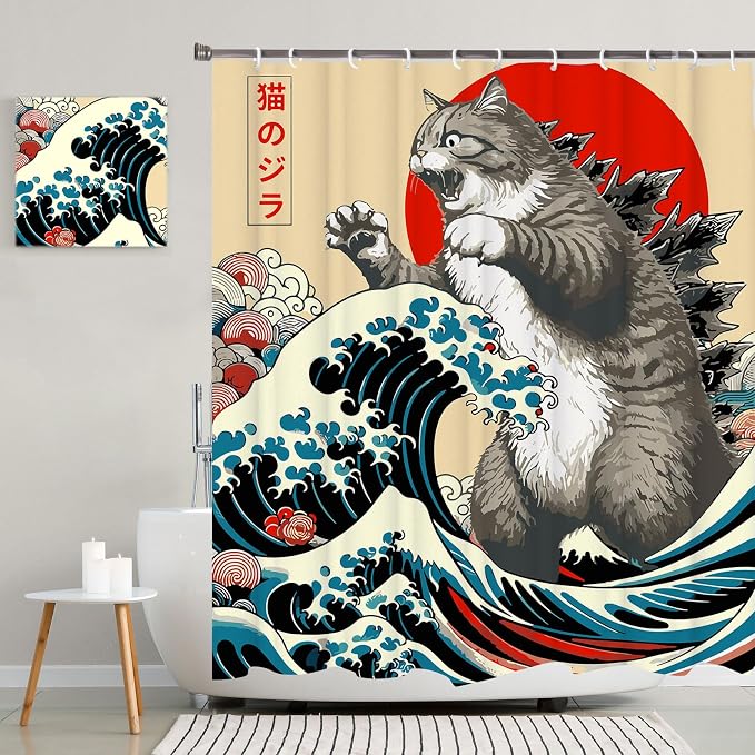Funny Japanese Cat Funky Anime Japan Bathroom Shower Curtain, 72x72 | Vintage Cat Sunset Wave Shower Curtain Liner with Hooks, Animal Fabric Shower Curtains Bathroom Decor 72X72inches Blue Grey