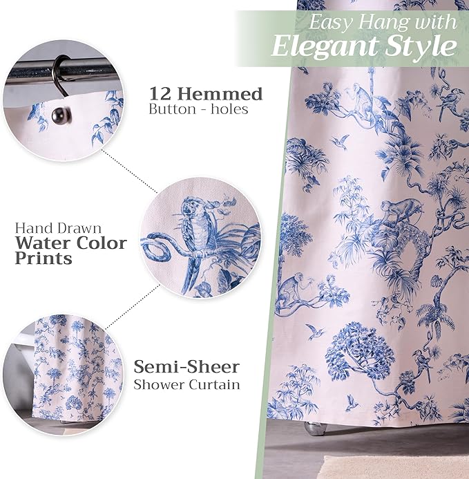 Maison d' Hermine Shower Curtain 100% Cotton One Panel 70"x72" Washable Fabric Shower Curtains for Bathroom, Easy Hanging with 12 Button Holes - Home Hotel Spa Easter Gifts (Bonobo - Blue)