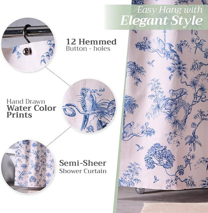 Maison d' Hermine Shower Curtain 100% Cotton One Panel 70"x72" Washable Fabric Shower Curtains for Bathroom, Easy Hanging with 12 Button Holes - Home Hotel Spa Easter Gifts (Bonobo - Blue)