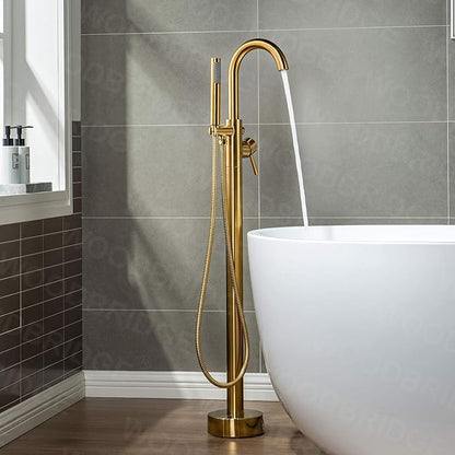 WOODBRIDGE Contemporary Single Handle Floor Mount Freestanding Tub Filler Faucet with Hand shower in Brushed Gold Finish, F0007BGRD
