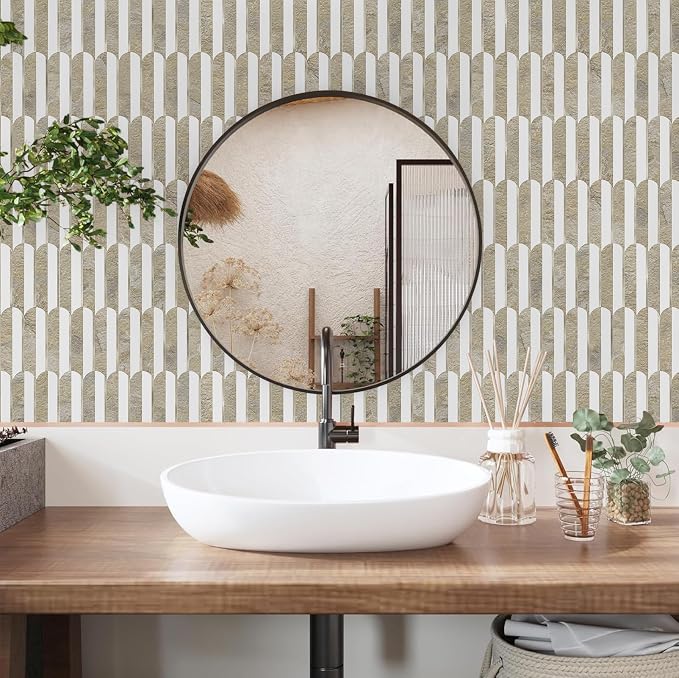 Vamos Tile Peel and Stick Backsplash Seamless Tile,PVC+Light Gold,10 Sheets | Stick on Backsplash for Kitchen & Bathroom,Honey Travertine+White+Light Gold Self Adhesive Backsplash Tile 11.9''x10.8''