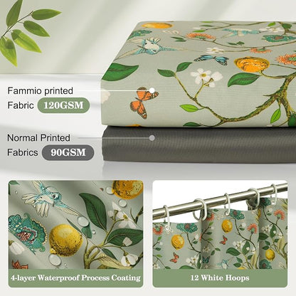 Green Floral Bird Shower Curtain 72x72, Hummingbird and Lemon Botanical Fabric Bath Curtains, Lightweight Quick-Dry Bathroom Decor Set with Hooks, Light Green