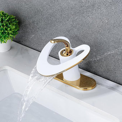 White Gold Waterfall Single Hole Vanity Sink 2 Tone Brass Unique Modern Bathroom Faucets, Luxury Elegant Hollow 1 Handle Faucet, Basin Tap for RV Bar Laundry with Pop up Drain, Sink Romodel