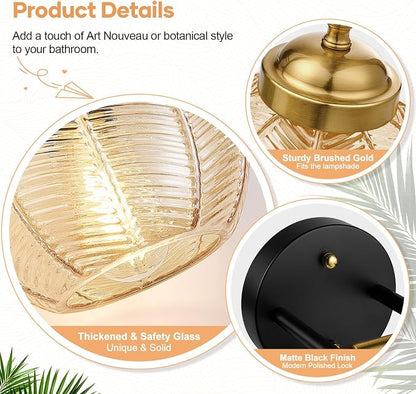 MOKATNG Bathroom Light Fixtures, 4-Light Amber Vanity Lights with Unique Leaf Texture Glass Shade, Modern Matte Black and Gold Bathroom Wall Lamp for Mirror Hallway Cabinet Living Room