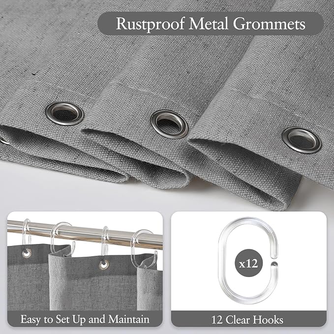 Linen Scallop Shower Curtain with 12 Clear Hooks, Waterproof, 72x78, Grey | Heavy Duty Waterproof Fabric with Black Border, Cute Modern Farmhouse Bathroom Décor