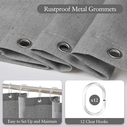 Linen Scallop Shower Curtain with 12 Clear Hooks, Waterproof, 72x84, Grey | Cute Washable Heavy Duty Thick Fabric with Black Border, Neutral Modern Farmhouse Boho Décor