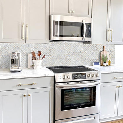 Peel and Stick Mother of Pearl Shell Backsplash Tiles, White & Natural | Waterproof self-adhesive mosaic tiles with 10 sq ft coverage for kitchen backsplash, bathroom walls and easy DIY installation