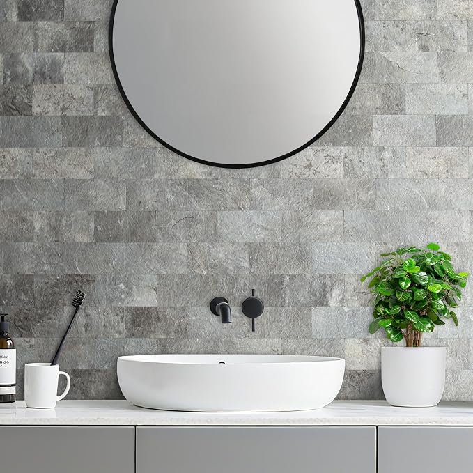 AULIGET 100 Piece Mountain Rock Peel and Stick Backsplash Wall Tiles, 3" x 6" PVC Faux Stone Stick on Tiles for Backsplash Kitchen, Bathroom, Laundry Room, Camper, Fireplace