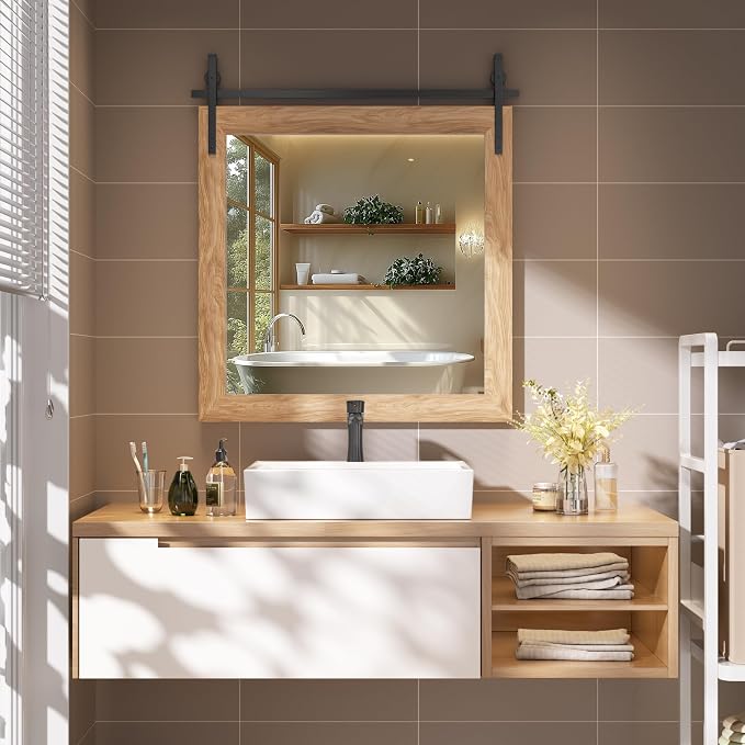 Hasipu Farmhouse Bathroom Mirror, 31"x31" Rustic Wood Framed Wall Mounted Mirror, Brown Vintage Vanity Mirror Barn Door Style Decrative Mirrors