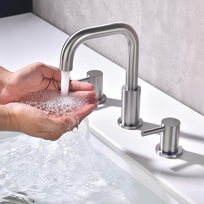 Brushed Nickel Bathroom Faucet 3 Hole, Widespread 8 in Bathroom Faucet for Sink with Pop Up Drain and Supply Lines, Stainless Steel 2 Handle Satin Nickel Sink Faucet Bathroom