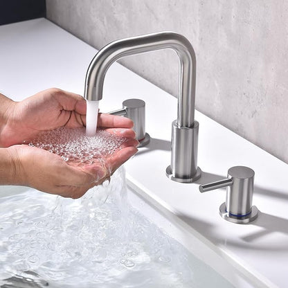 Brushed Nickel Bathroom Faucet 3 Hole, Widespread 8 in Bathroom Faucet for Sink with Pop Up Drain and Supply Lines, Stainless Steel 2 Handle Satin Nickel Sink Faucet Bathroom