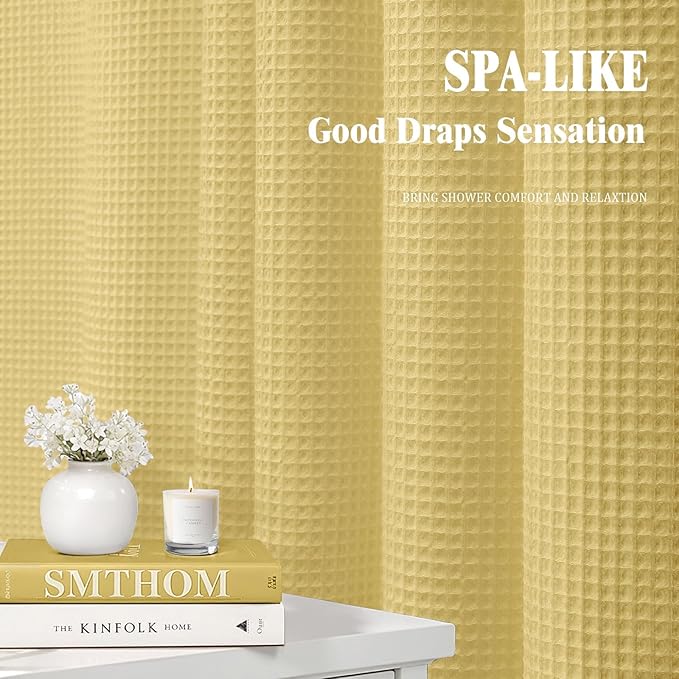 Waffle Weave Shower Curtain - Yellow Cotton Fabric Texture Heavyweight Shower Curtains for Bathroom,Washable,72Wx72L