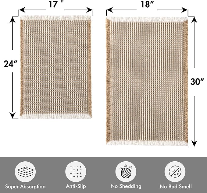 MIULEE Set of 2 Waffle Bathroom Rugs Brown&White Bath Mat 17"x24"+18"x30" | Non Slip, Super Absorbent, Washable, Ultra Soft, Rubber Backed, Small, Beige Boho Bath Rugs for Bathroom Floor Tub Shower