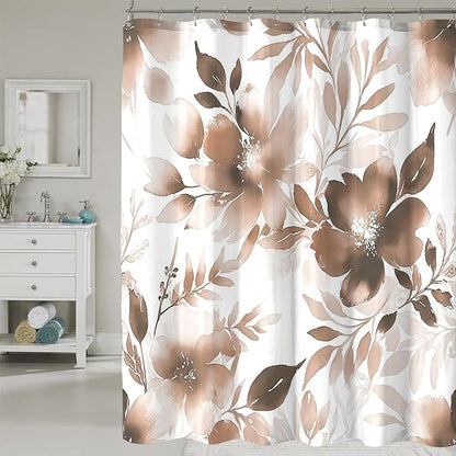 Floral Shower Curtain, Brown Watercolor Flower Shower Curtains for Bathroom, Modern Minimalist Waterproof Fabric Bath Decoration 72x84 Inch