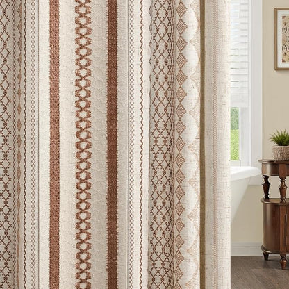 Brown Boho Linen Shower Curtain,72" W x 72" L | Linen Striped Print and Twine-Inspired Woven Center for Bathroom