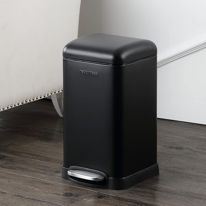 happimess Betty Retro Mini 3.2 Gal Step Trash Can, Charcoal Black | Soft-Close Lid, Fingerprint Proof, Removable Liner, Stainless Steel, Hands-Free Pedal