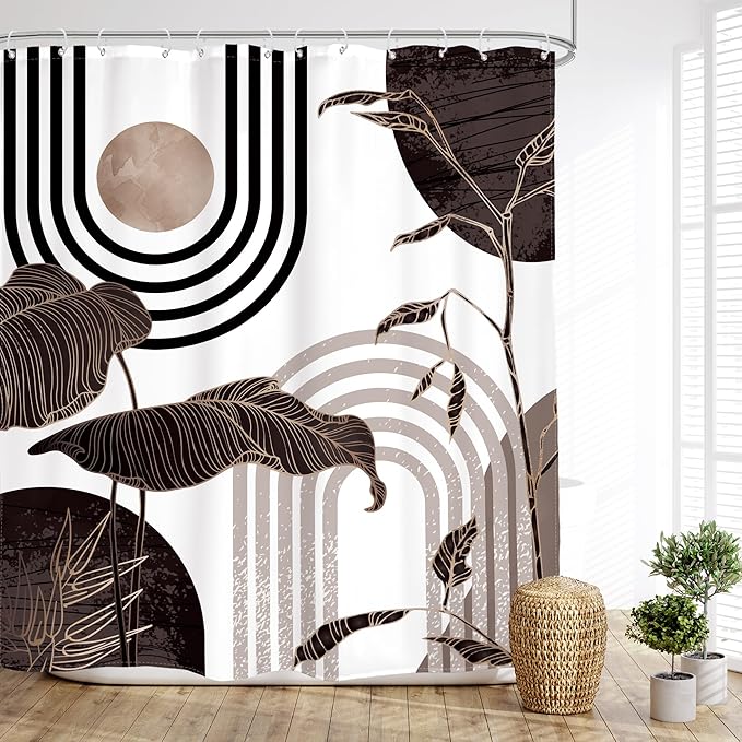 Glawry Black and Brown 60Wx72L Inches Shower Curtain Boho Mid Century Modern Minimalist Aethetic Black and Gray Palm Leaf Bath Accessories Art Home Decor Fabric 12 Pack Hook