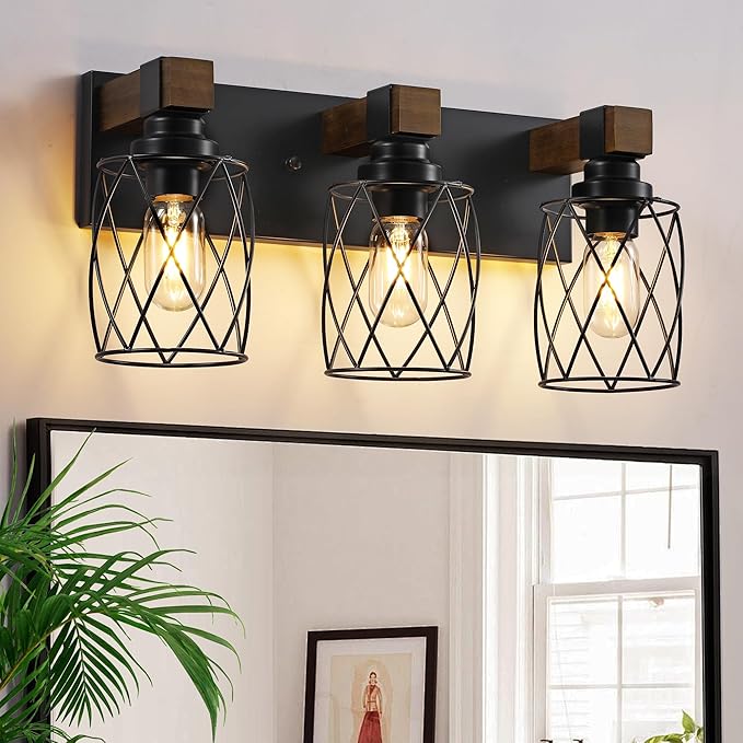 Farmhouse 3-Light Wood Bathroom Vanity Light, Black Metal Cage Shade | Mounted Over Mirror, Industrial Rustic Style, Ideal for Bathroom, Bedroom, Hallway & Living Room, Easy To Install
