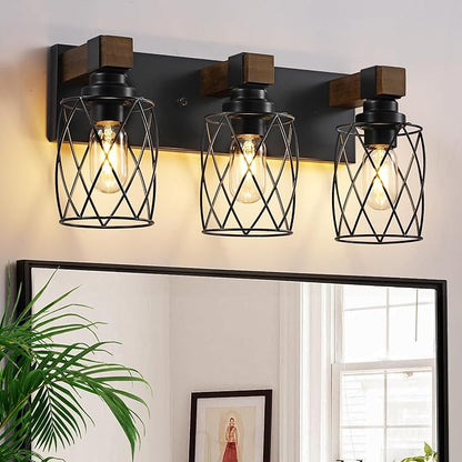 Farmhouse 3-Light Wood Bathroom Vanity Light, Black Metal Cage Shade | Mounted Over Mirror, Industrial Rustic Style, Ideal for Bathroom, Bedroom, Hallway & Living Room, Easy To Install