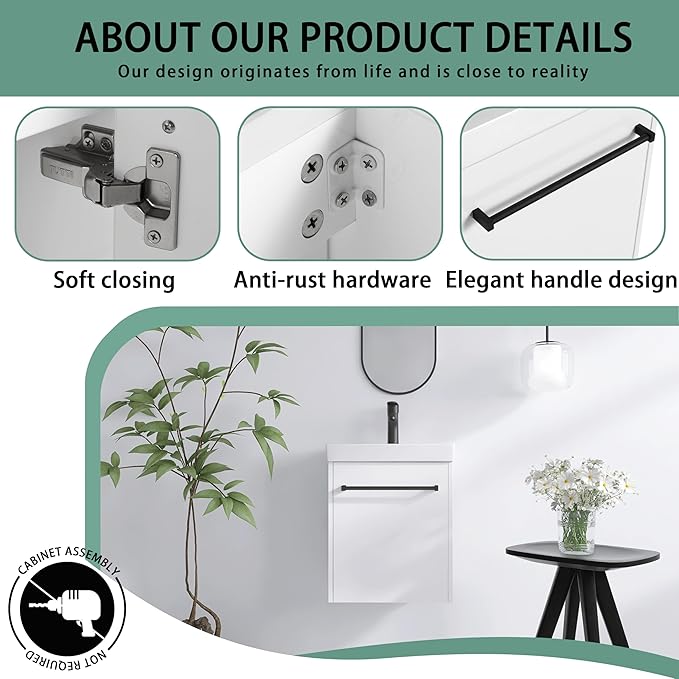 18" Bathroom Vanity with Sink, 18 Inch Floating Bathroom Vanity for Small Space, Modern Single Sink Vanity Combo, White Wall Mounted Cabinet Set