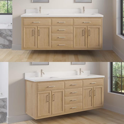 Capri III 72" Double Sink Bathroom Vanity With Stealth Organizer, Solid Wood Bathroom Cabinet with Engineered Stone Countertop & Backspalsh, Soft Closing Door & Drawer, Pre-Assembled, Weathered Oak