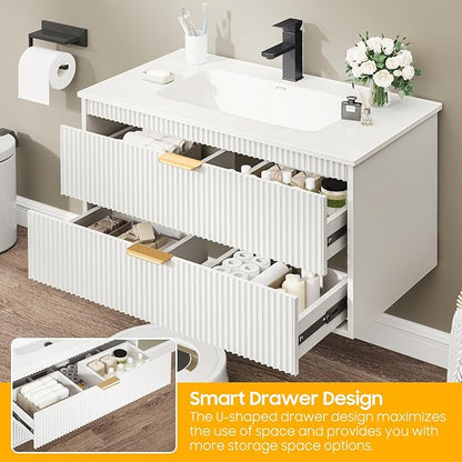 Vabches 30 Inch Bathroom Vanity with Sink, Wood Grain Wall Mounted Vanity with 2 Storage Darwers, Floating Bathroom Vanity with Storage, Bathroom Floating Vanity with Sink, Faucet, Drain, White