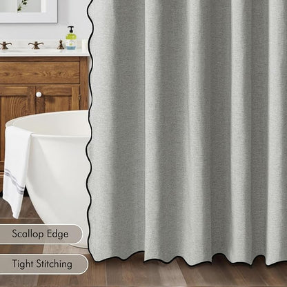 MIULEE Light Grey Scalloped Linen Shower Curtain 72x72 Inches | Linen Textured, Waterproof, Washable, 12 Metal Hooks, Heavy Duty Cloth, Black Border, Shower Curtain for Bathroom Bathtub