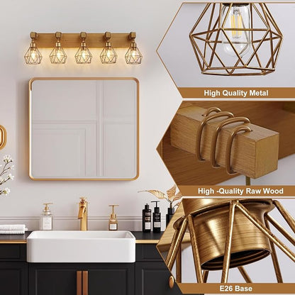 maesta 5 Light Bathroom Vanity Light, Farmhouse Gold Fixture Over Mirror | Farmhouse Bathroom Light Fixtures, Wood & Metal, Anti-Rust, Easy to Install for Rustic Bathroom Hallway
