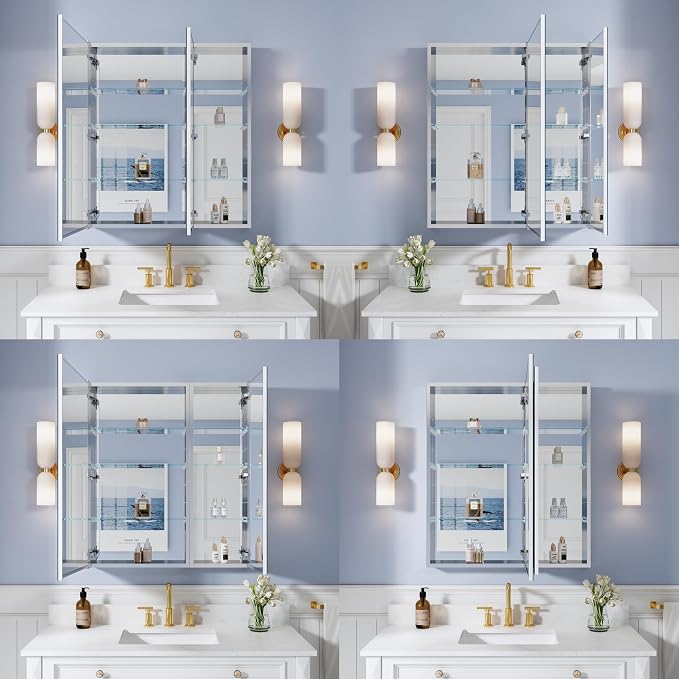 WELLFOR 32" x 36" Bathroom Medicine Cabinet with Mirror, Anodized Chrome Aluminum Frame, Surface Mount or Recessed Medicine Cabinet with Mirror, Bathroom Mirror with Storage, Double Doors