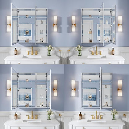 WELLFOR 32" x 36" Bathroom Medicine Cabinet with Mirror, Anodized Chrome Aluminum Frame, Surface Mount or Recessed Medicine Cabinet with Mirror, Bathroom Mirror with Storage, Double Doors