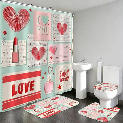 DDQQ 4Pcs Valentine's Day Shower Curtain Set Love Letter Post Office Bathroom Sets Modern Shower Curtain Set for Bathroom Sets with Rugs Red Love Shower Curtain with 12 Hooks
