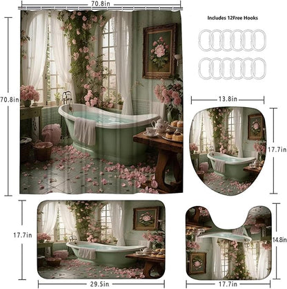 DDQQ 4Pcs Vintage Turquoise Bathtub Shower Curtain Set, Pink Roses Bathroom Sets with Shower Curtain and Rugs, Romantic Bathroom Decor Accessories Shower Curtains for Bathroom Toilet Lid Cover