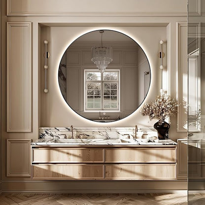 Niccy Round LED Bathroom Mirrors, Black Framed Backlit Vanity Mirror, 48" | LED Smart Circle Mirror with 3 Color Lighting, Anti-Fog Lighted, IP65 Waterproof, Wall Mounted Bathroom Vanity
