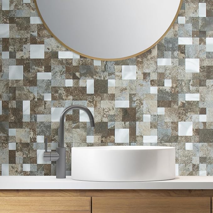 DICOFUN 12" x 12" Square Mosaic Peel and Stick Tile Backsplash, Mixed Metal Silver Stick on Wall Kitchen and Bathroom Tiles, Stick on Backsplash for Stove (10, Beige & Brown Slate)
