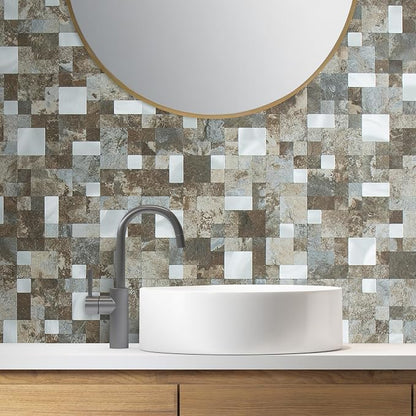 DICOFUN 12" x 12" Square Mosaic Peel and Stick Tile Backsplash, Mixed Metal Silver Stick on Wall Kitchen and Bathroom Tiles, Stick on Backsplash for Stove (10, Beige & Brown Slate)