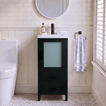 wonline 16 Inch Bathroom Vanity Set with Sink, Small Space Cabinet, Black | Faucet, pop-up drain & hardware included; water-resistant MDF; cultured marble top with ceramic basin; 2 drawers + door