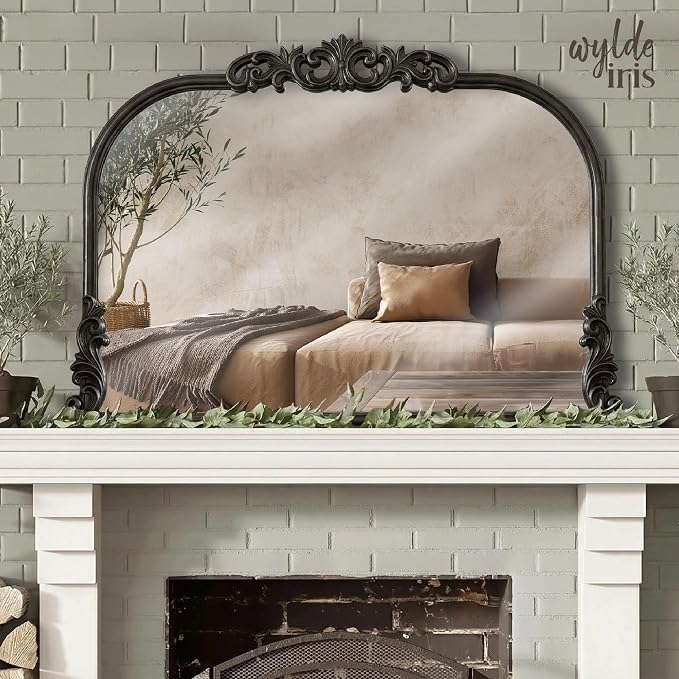 English Estate Carved Arch Wood Wall Mirror, Mirror for Entryway, Living Room, Bathroom, Distressed Black, 30.6x41