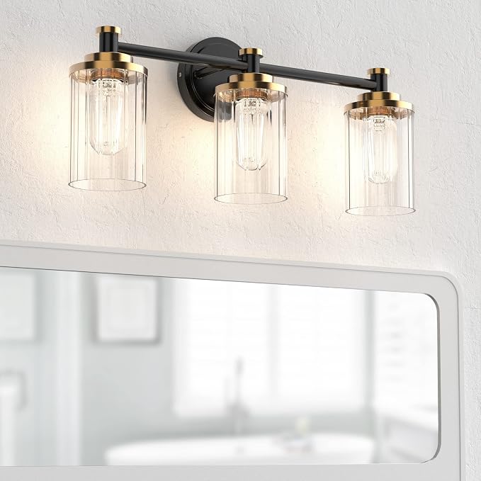 Bathroom Lighting Fixtures Black and Brass Bathroom Vanity Light with Cylindrical Clear Stripes Glass Lampshade E26 Socket Base Bathroom Lighting Fixtures Over Mirror (3 Lights)