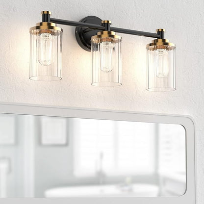 Bathroom Lighting Fixtures Black and Brass Bathroom Vanity Light with Cylindrical Clear Stripes Glass Lampshade E26 Socket Base Bathroom Lighting Fixtures Over Mirror (3 Lights)