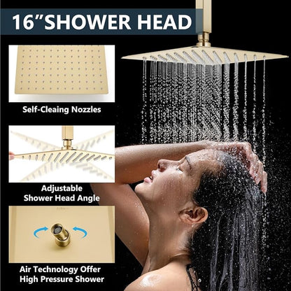Aolemi Ceiling Shower Faucet Set System Dual Head 16&6 Inch Brushed Gold | 2 in 1 Handheld Spray,Shower Valve and Trim Kit,Push Button Diverter, 16"Top+6" Wall Rain Head,Bathroom Mixer for Couple
