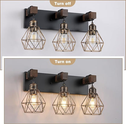 maesta Bathroom Vanity Light, 3 Light Farmhouse Fixture Over Mirror | Farmhouse Bathroom Light Fixtures, Wood & Metal, Black Gold, Anti-Rust Easy to Install for Rustic Bathroom Hallway