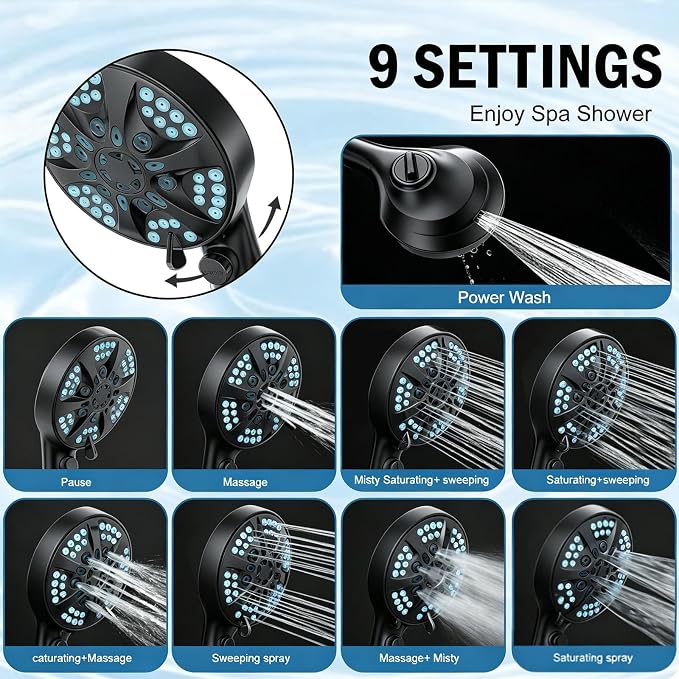 9 Settings Filtered Shower head with Handheld with Power Wash | Hard Water Softener,Remove Chlorine Power Wash for Tub&Tile,ON/OFF Button,6ft Hose&Bracket,Filtered Shower Head, Matte Black