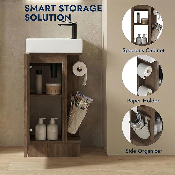 16" Small Bathroom Vanity with Sink - Walnut:Small Space Fit,2 Toilet Paper Holders & Storage Pocket,Adjustable Shelve,Soft Closing Door & Quiet Hinges,Floor-Standing Extra Storage